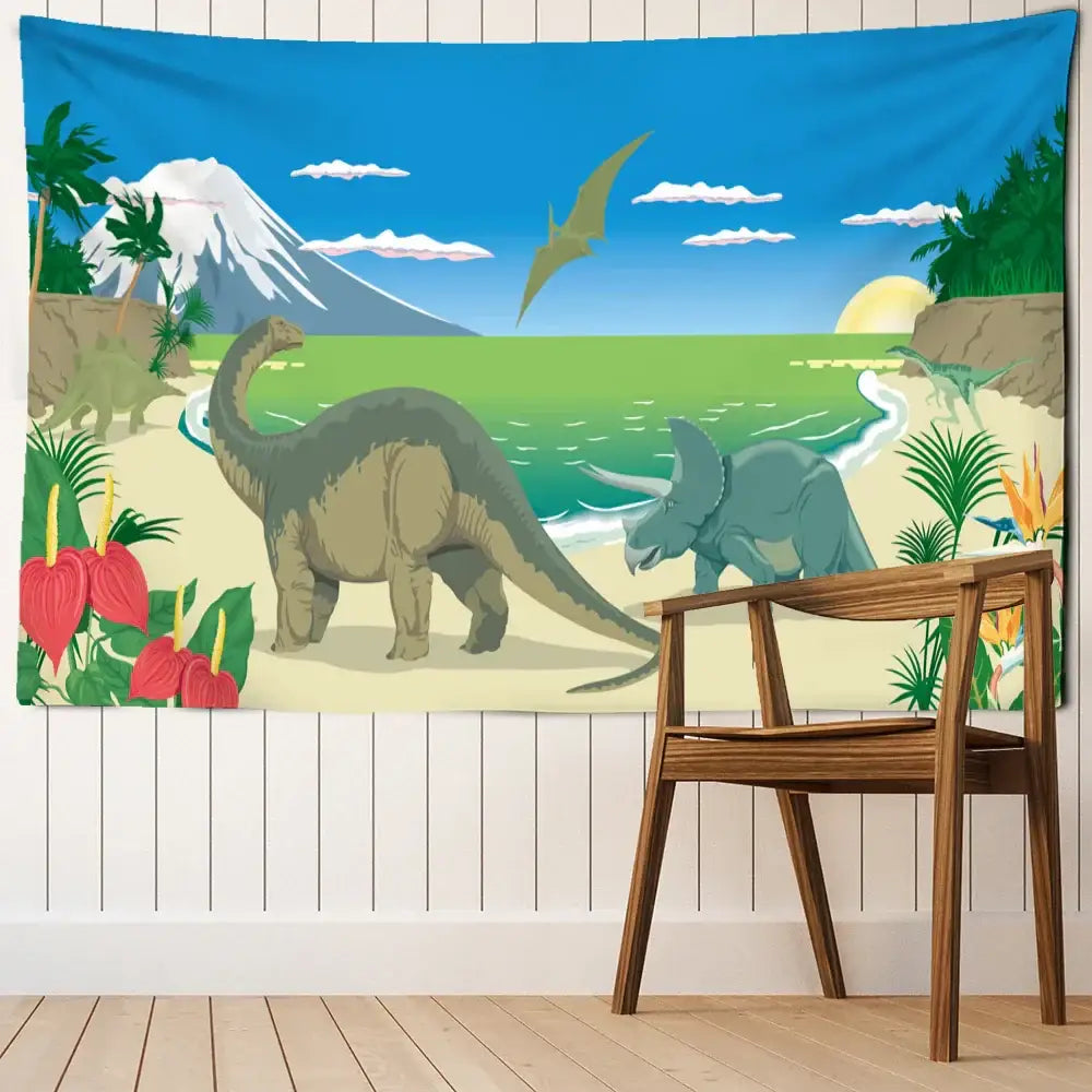 Vibrant decorbites dinosaur tapestry wall hanging with green brachiosaurus and triceratops for boy room decor