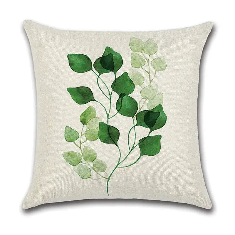 Beige linen pillow case featuring a watercolor green leaves decorative design for living room cotton set