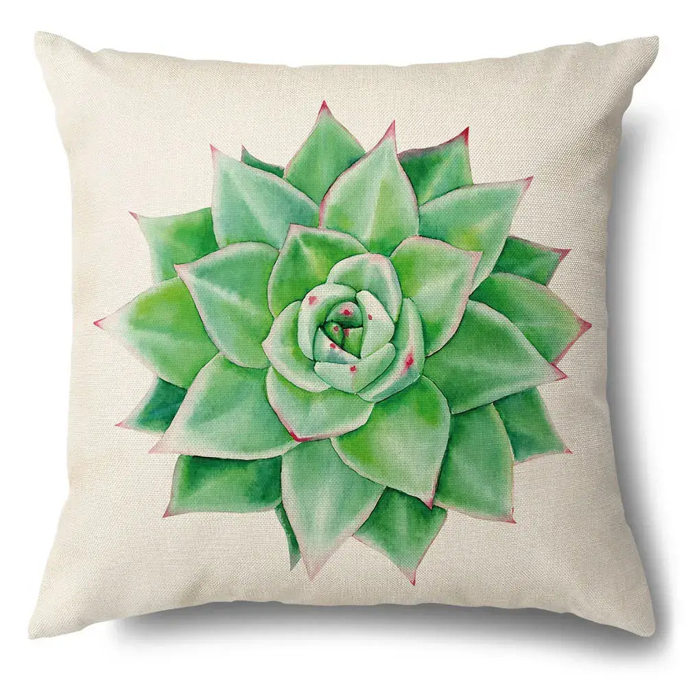 Beige linen pillow case with green leaves decorative watercolor-style succulent design for living room cotton use