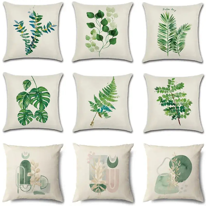 Set of nine cotton pillow cases with green leaves decorative watercolor prints on cream fabric for living room