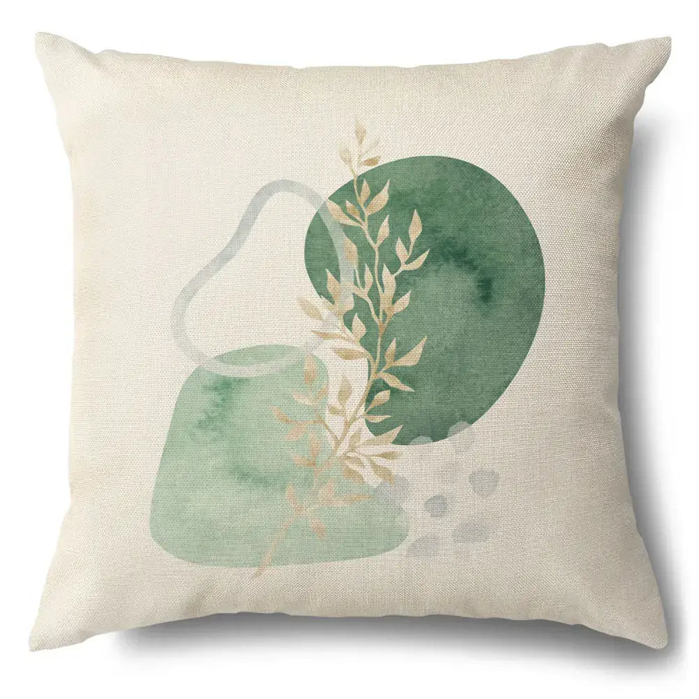 Beige linen pillow case with modern abstract watercolor green leaves decorative design for living room use