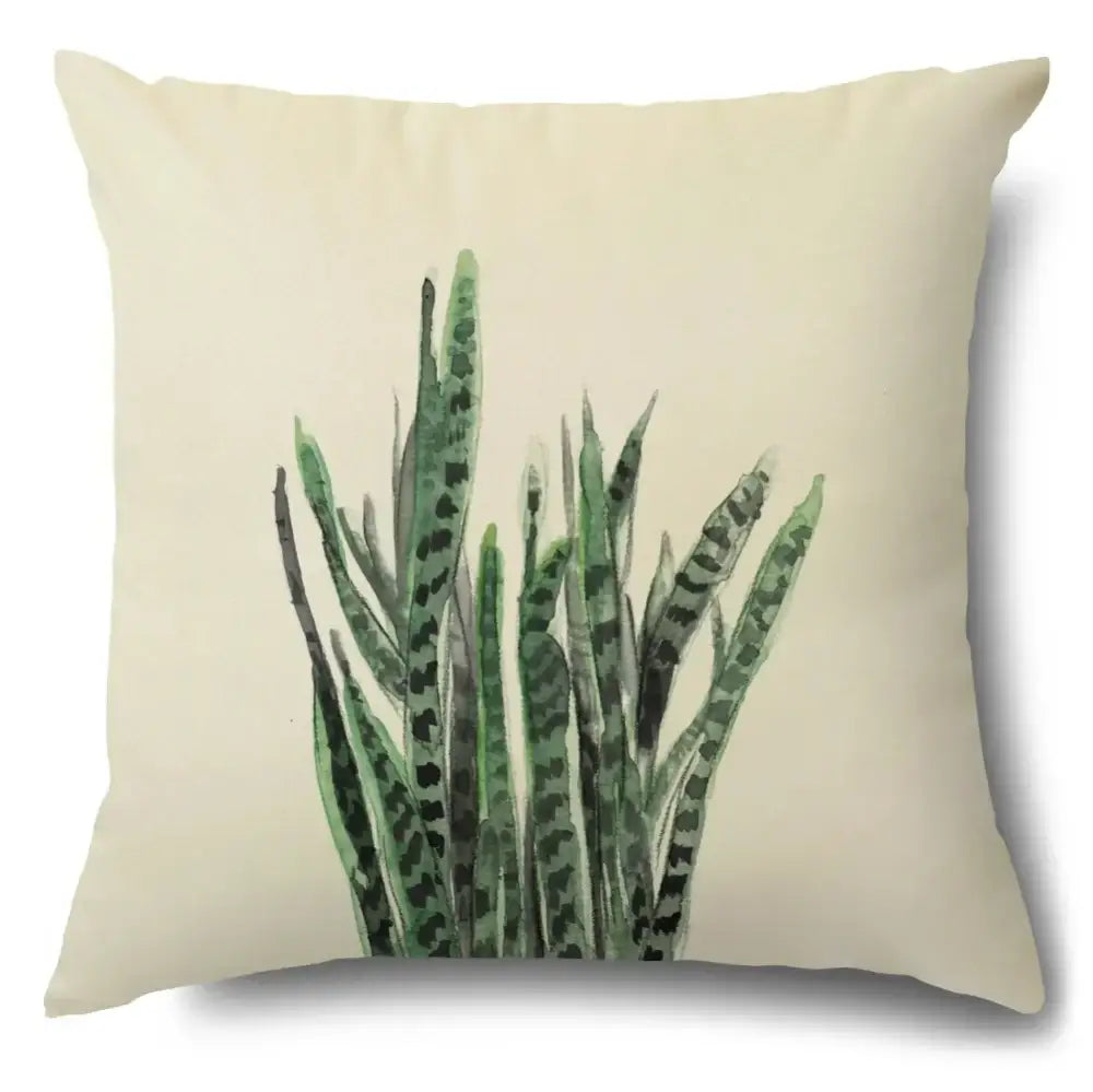 Cream-colored cotton pillow case with watercolor green leaves decorative design for living room decor