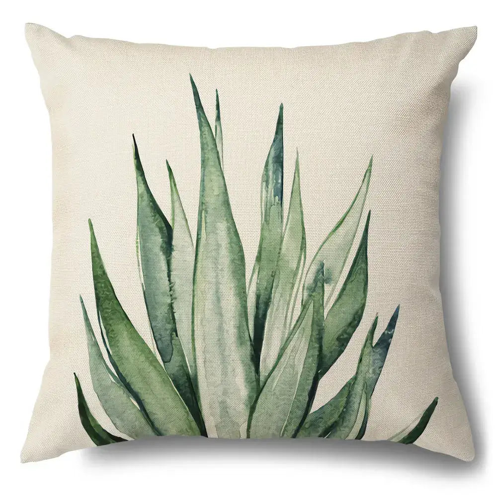 Beige linen pillow case with watercolor green leaves decorative agave plant design for living room cotton set