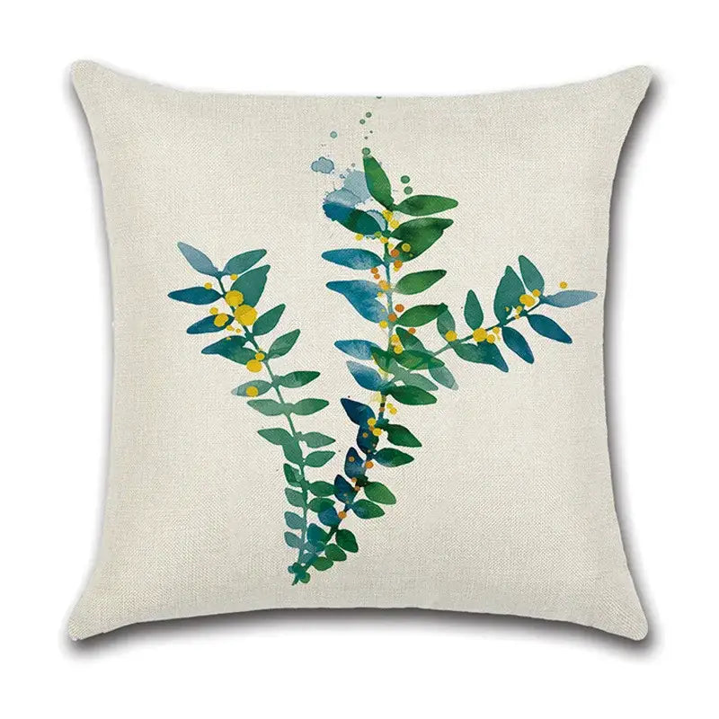 Beige linen pillow case with watercolor green leaves decorative vine and yellow dots for living room cotton set