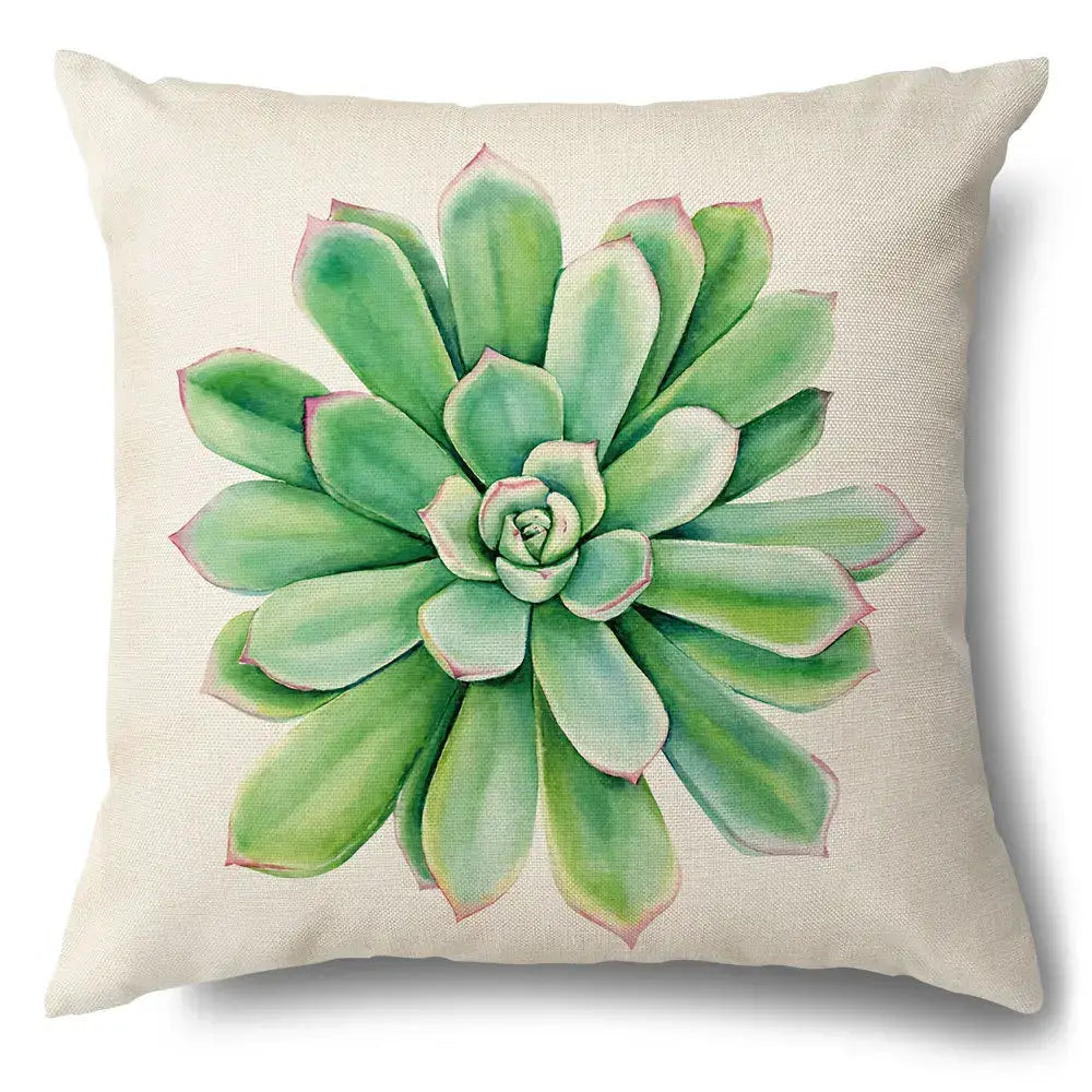 Beige linen pillow case featuring a watercolor green leaves decorative succulent design for living room decor