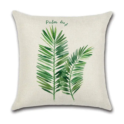 Beige linen pillow case with watercolor green leaves decorative design and palm leaf text for living room use