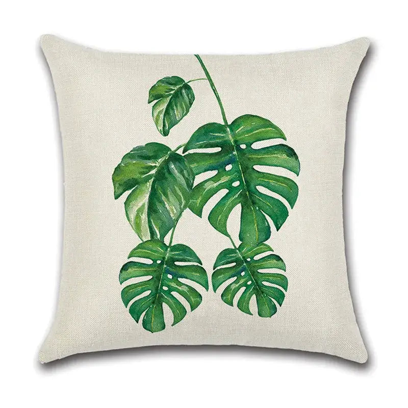 Beige linen pillow case with vibrant green leaves decorative monstera design cotton for living room décor