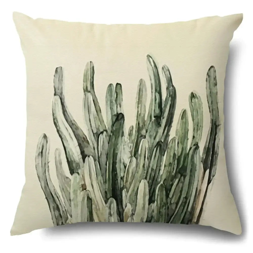 Beige cotton pillow case featuring a watercolor-style green leaves decorative cactus design for living room decor