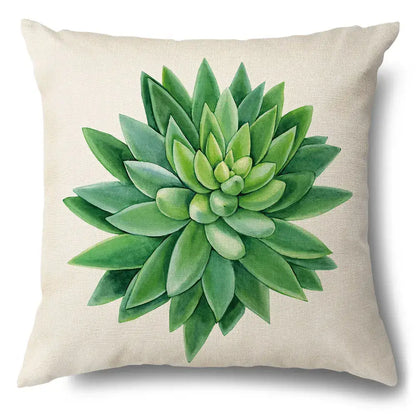Beige linen pillow case featuring vibrant watercolor green leaves decorative design for living room use