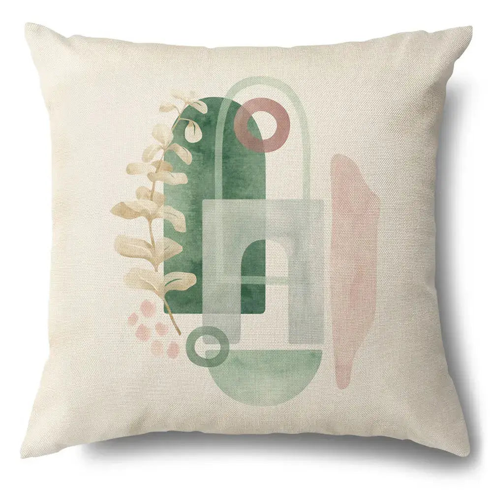 Beige linen pillow case with green leaves decorative abstract botanical and geometric design in muted pink and gray tones
