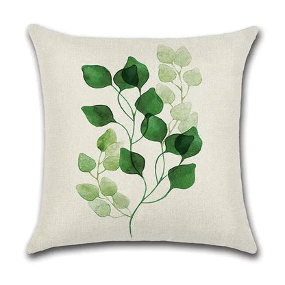 Beige linen pillow case set featuring a watercolor green leaves decorative design for living room cotton use