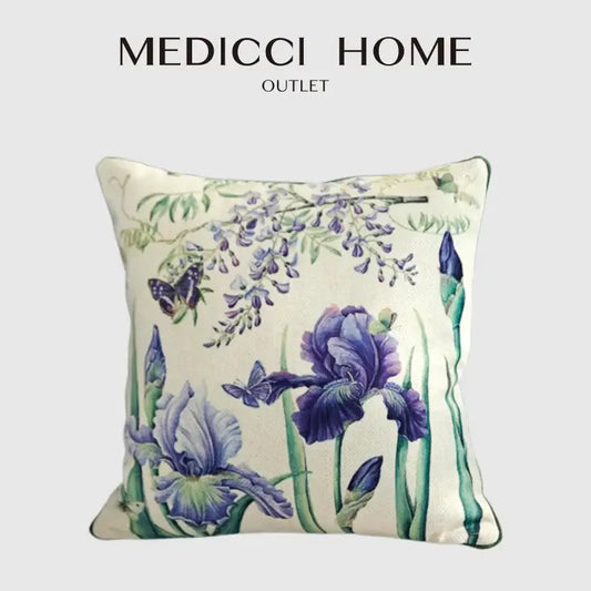 Cream-colored cushion cover featuring decorbites iris flowers butterfly print with purple iris flowers and blue butterflies