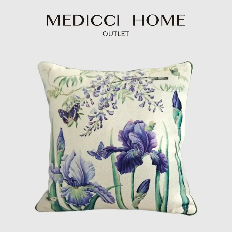 Cream-colored cushion cover featuring decorbites iris flowers butterfly print with purple iris flowers and blue butterflies