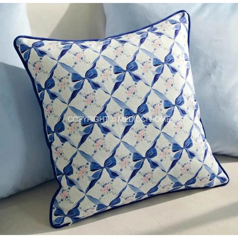 Square cream cushion cover with navy bows pink floral accents and border for decorbites iris flowers butterfly decor