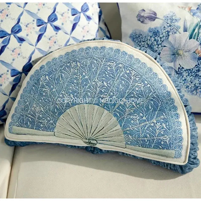 Blue and white embroidered fan-shaped cushion with lace pattern for decorbites iris flowers butterfly purple bedroom decor
