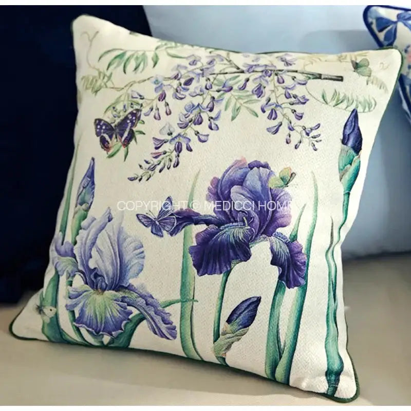 Cream-colored cushion cover with detailed decorbites iris flowers butterfly in purple for bedroom decor