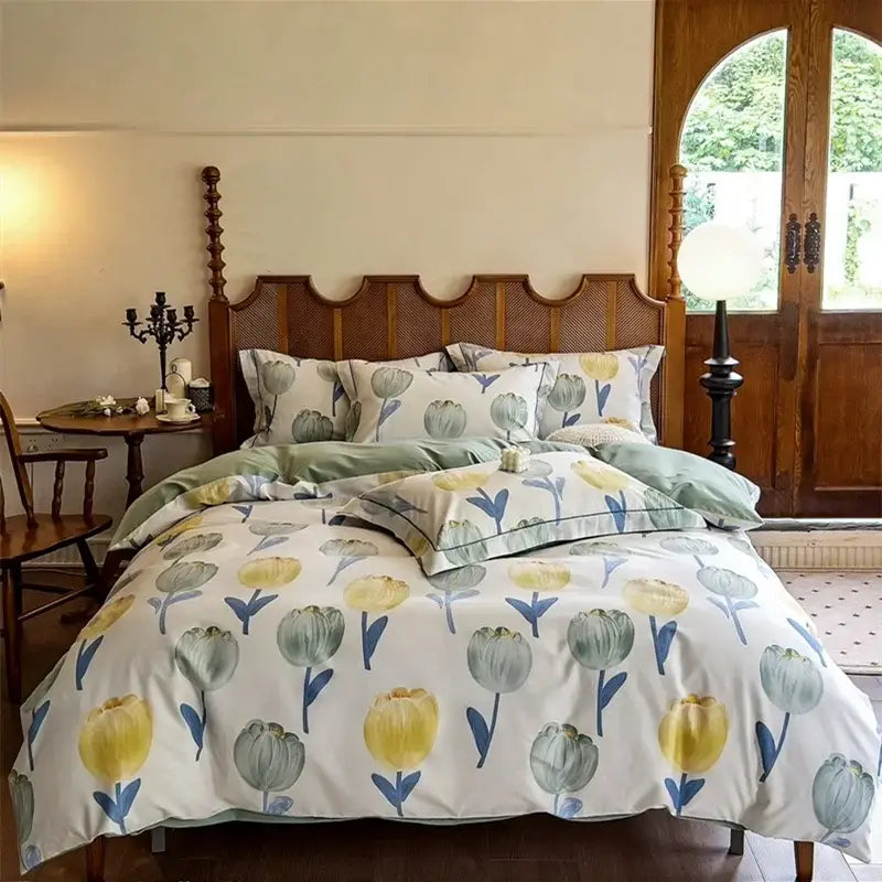 Soft watercolor yellow and green tulip cotton bedding set from decorbites bedroom duvet cover design
