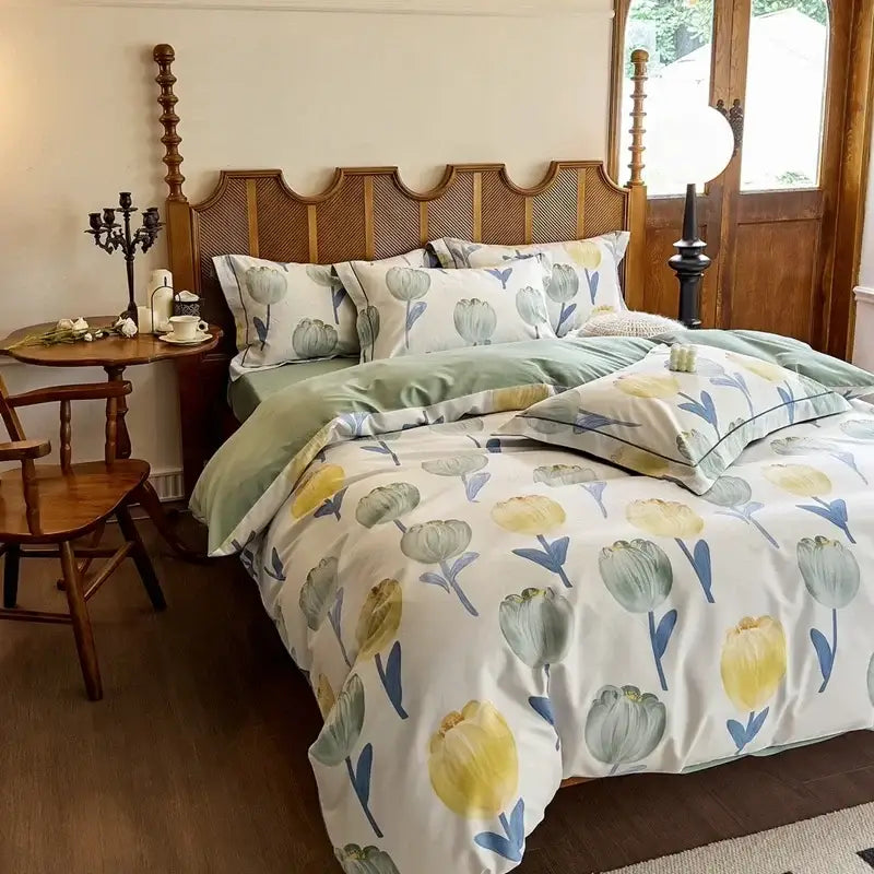 Soft pastel yellow green and blue tulip patterned decorbites cotton bedding set with white base for bedroom decor