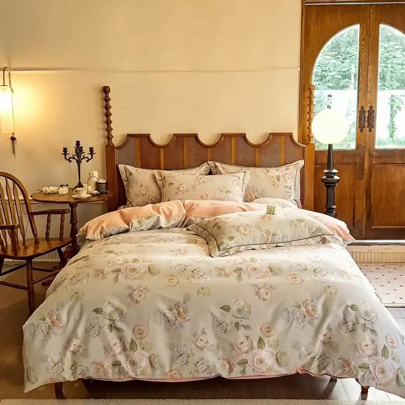 A soft pastel floral cotton bedding set with delicate rose patterns in muted pinks and greens on a cream base decorbites cotton bedding