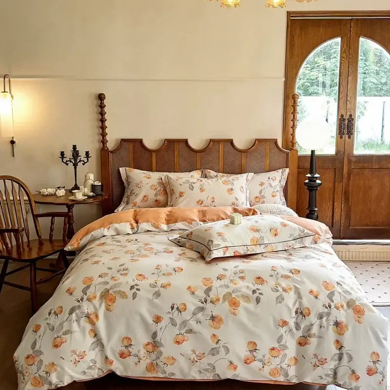 A soft cream-colored decorbites cotton bedding set with peach and green floral pattern and subtle edge stitching