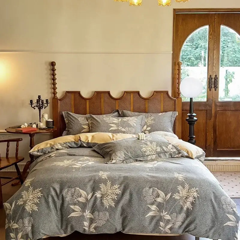 Gray floral cotton bedding set with cream botanical patterns on textured fabric for decorbites cotton bedding use
