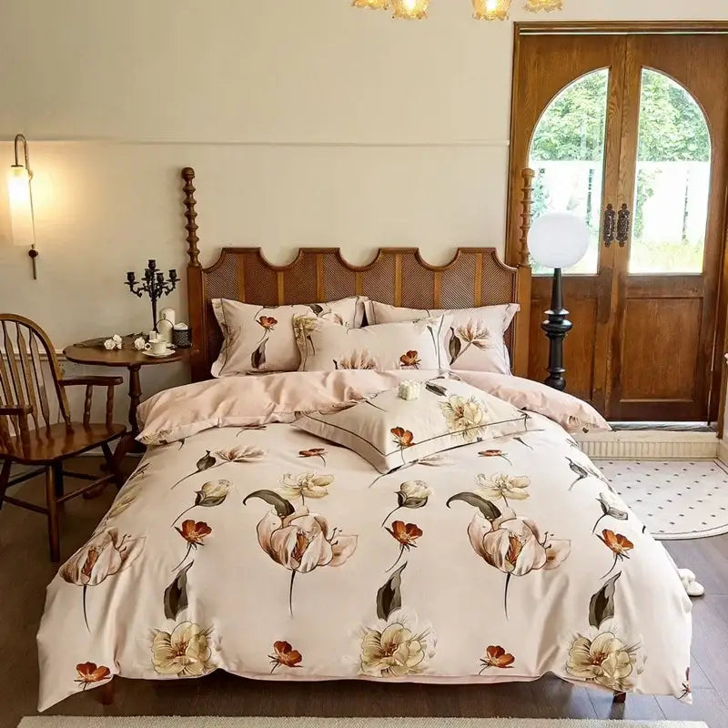 Beige floral cotton bedding set with soft satin finish featuring peach cream and rust tones for bedroom decorbites cotton bedding