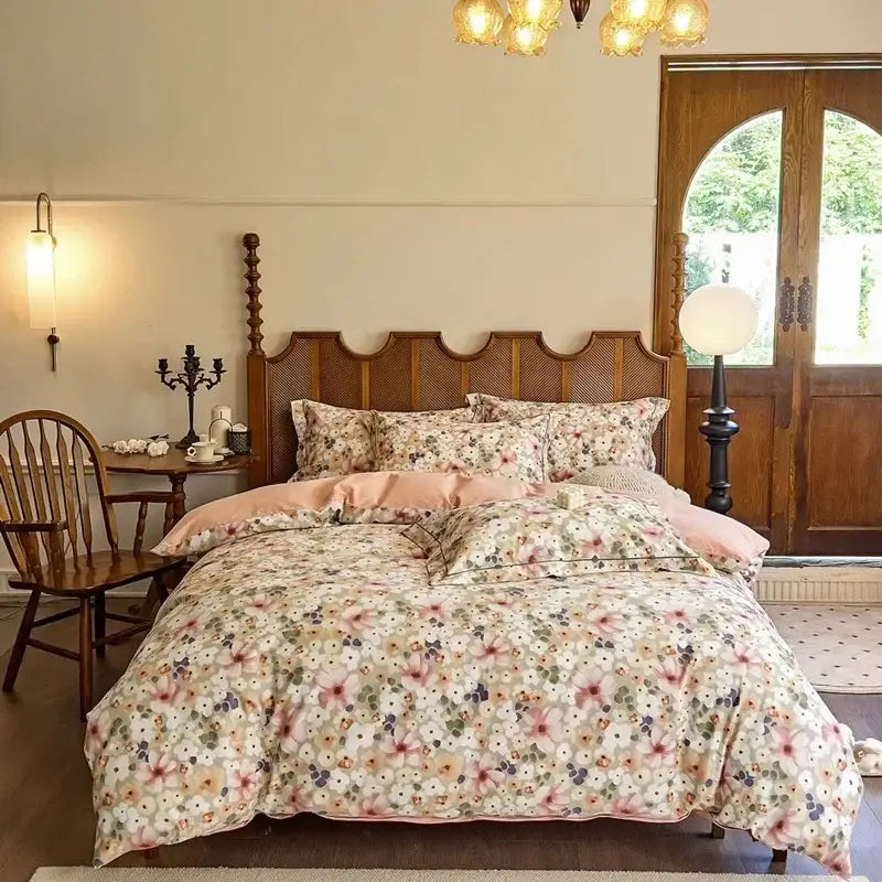 Floral-patterned watercolor yellow and green tulip cotton bedding set with soft pastel hues by decorbites cotton bedding