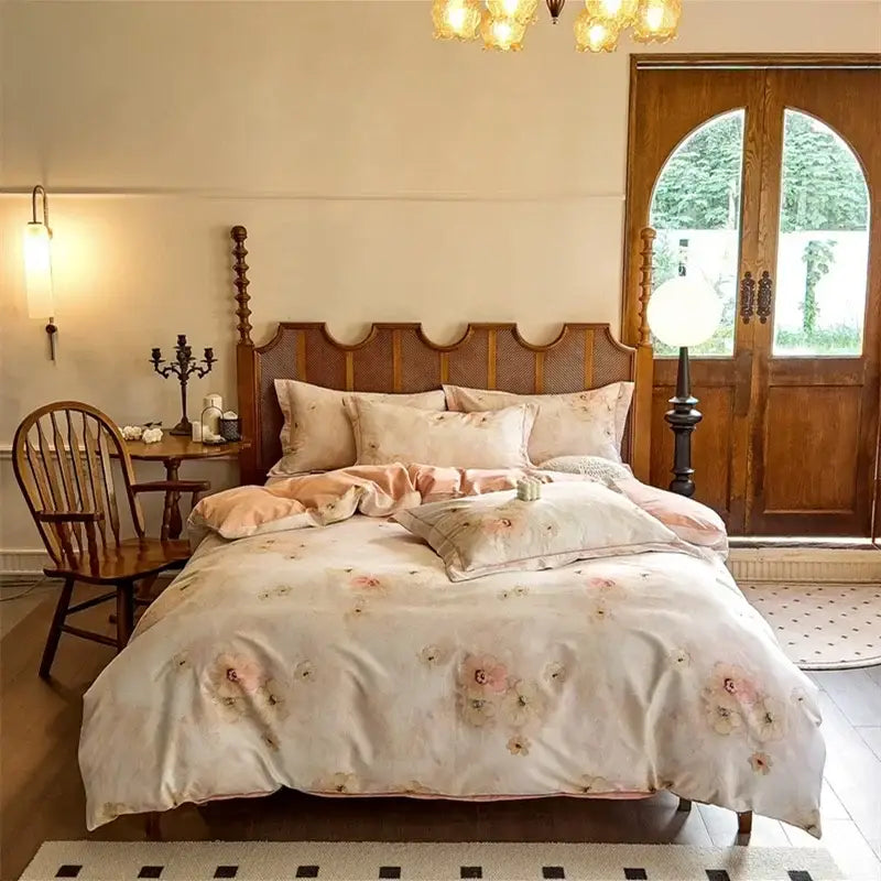 Cream-colored cotton bedding set with delicate pink and beige floral embroidery from decorbites cotton bedding collection