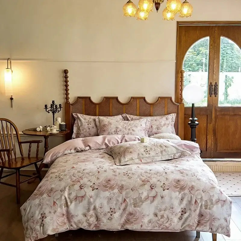 A soft pink floral duvet set with rose patterns and satin finish in decorbites cotton bedding set for bedroom decor