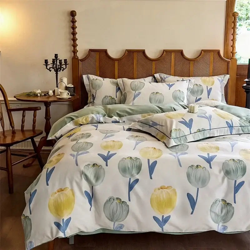 Watercolor yellow and green tulip cotton bedding set with muted yellow and gray duvet cover for bedroom decorbites cotton bedding