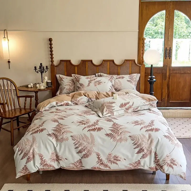 Cotton bedding set with fern-patterned duvet in soft cream and muted rose gold on smooth fabric for bedroom decorbites bedding set