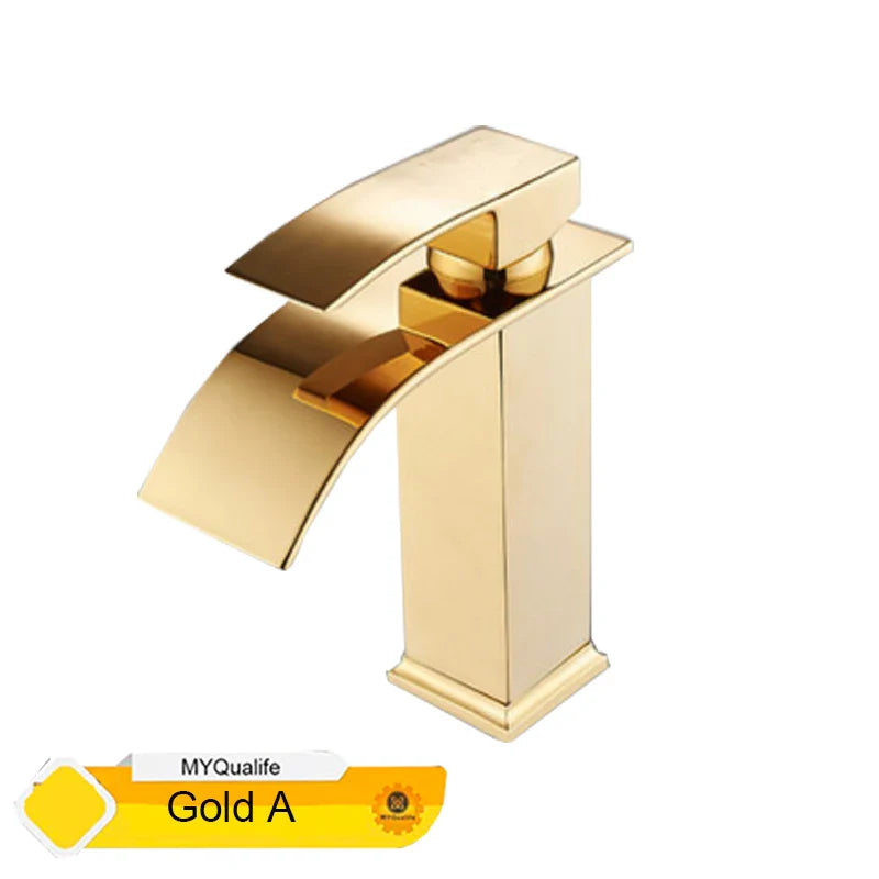 Gold-finished modern waterfall bathroom faucet with sleek angular design and brushed metal finish single hole installation