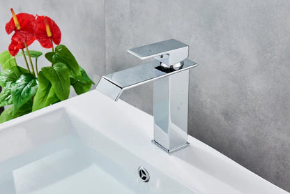 Modern chrome finished waterfall bathroom faucet single hole with sleek rectangular design and waterfall spout