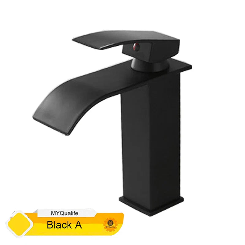 Black matte waterfall bathroom faucet single hole with sleek curved spout and rectangular base in modern design