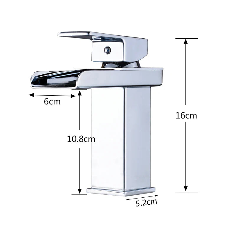 Chrome finished modern waterfall bathroom faucet single hole with sleek rectangular design and precise dimensional markings