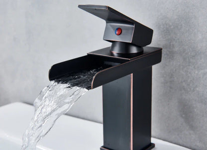 Waterfall bathroom faucet single hole with black matte finish sleek modern design and red and blue temperature indicator button