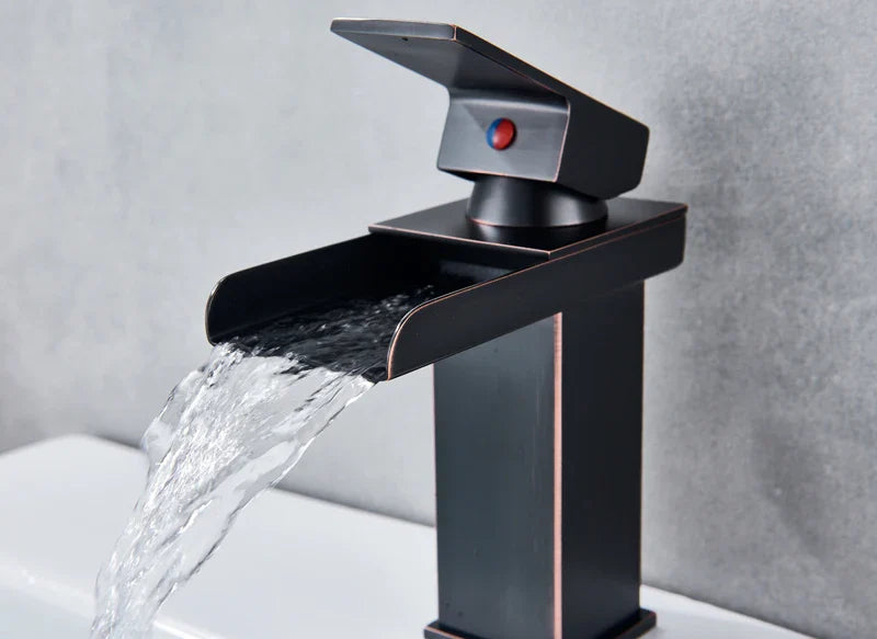 Waterfall bathroom faucet single hole with black matte finish sleek modern design and red and blue temperature indicator button