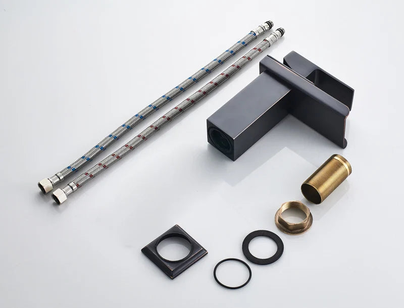 Black matte finished waterfall bathroom faucet single hole installation kit with braided metal hoses and brass fittings