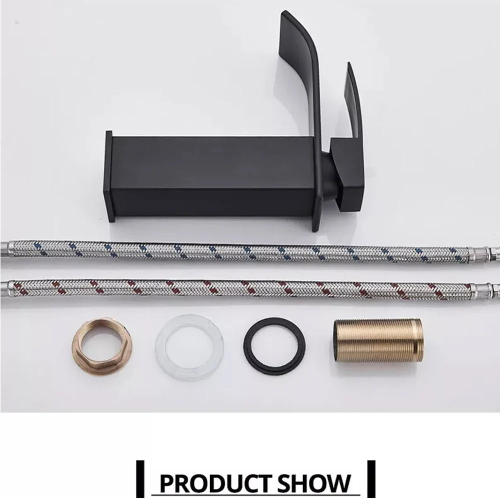 Black matte finish waterfall bathroom faucet with sleek curved spout and rectangular handle base for single hole installation