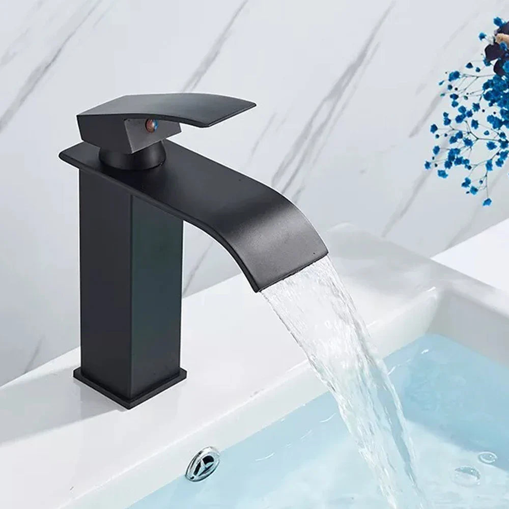Black matte-finish waterfall bathroom faucet with modern angular design for single hole installation