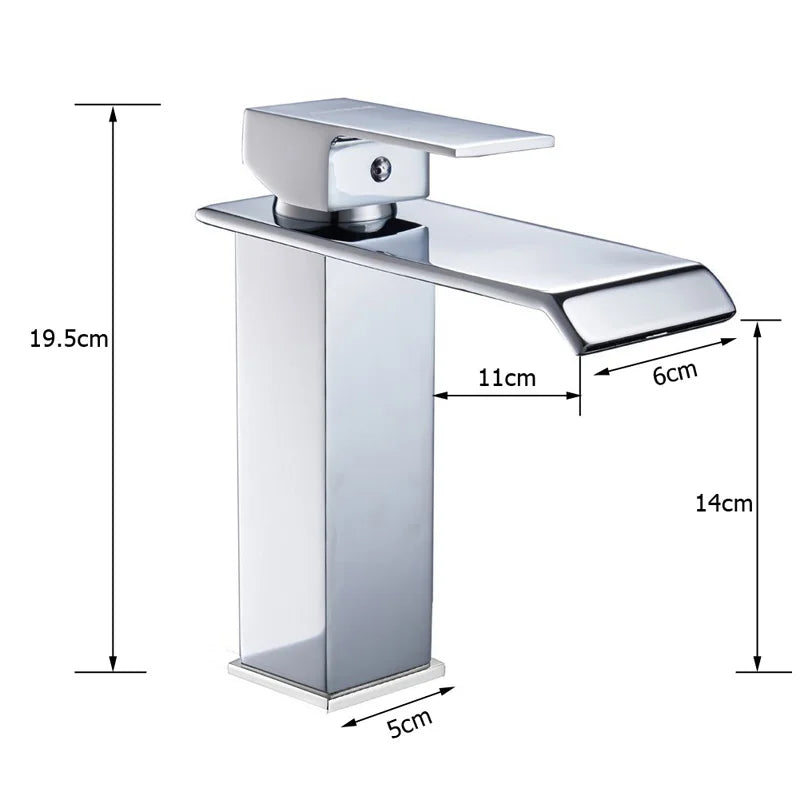 Modern chrome-finished waterfall bathroom faucet single hole with a sleek rectangular spout and square base design