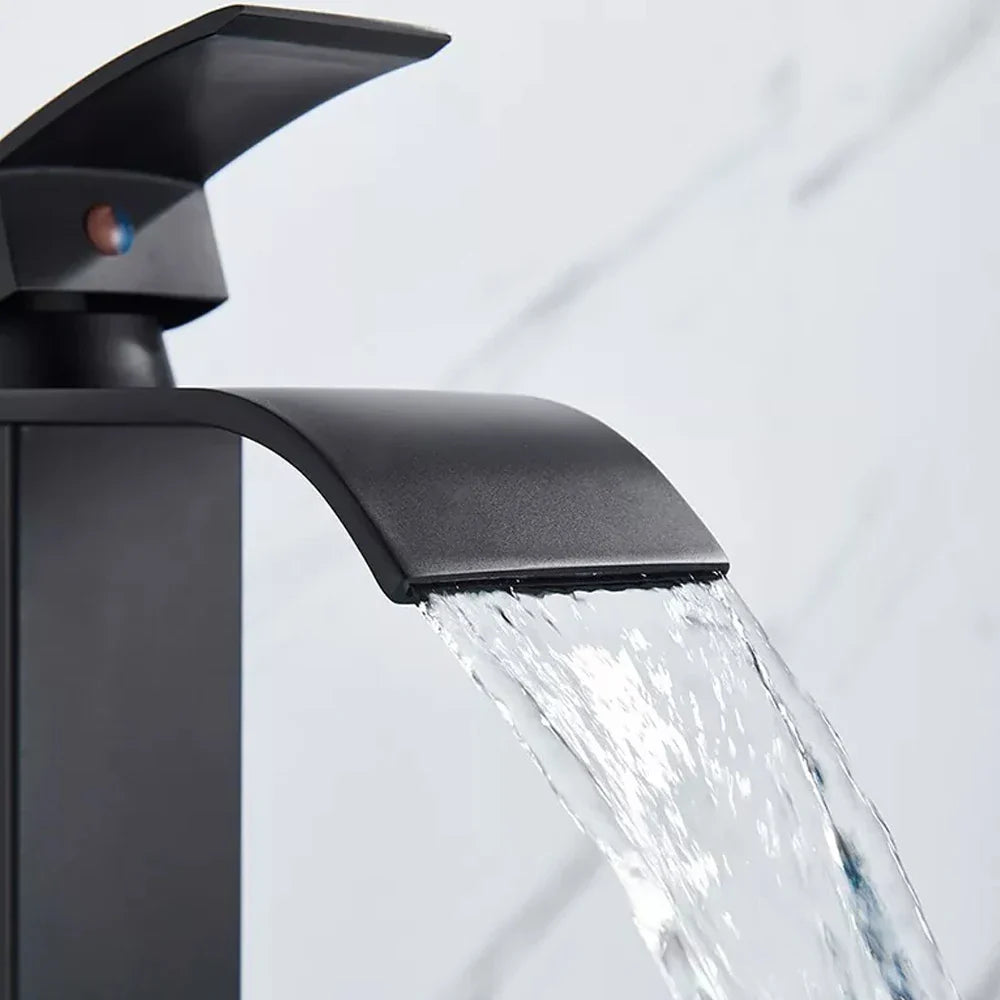 Black matte-finish waterfall bathroom faucet single hole with sleek modern design for contemporary sinks