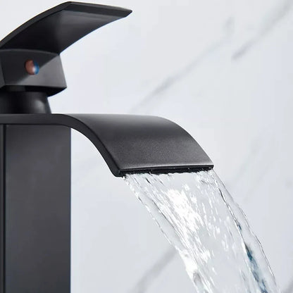 Black matte-finish waterfall bathroom faucet single hole with sleek modern design for contemporary sinks