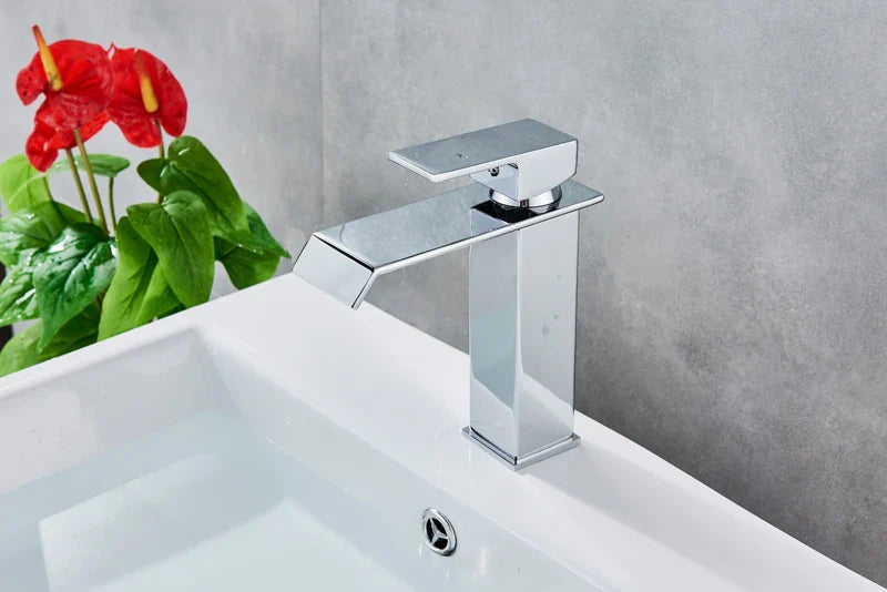 Modern chrome-finished waterfall bathroom faucet single hole with sleek rectangular design and waterfall spout