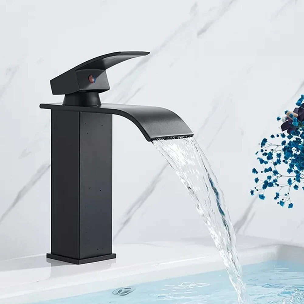 Black matte-finish waterfall bathroom faucet with sleek modern design for single hole installation
