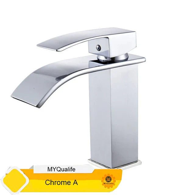 Chrome finished waterfall bathroom faucet single hole with a modern rectangular spout and square base design