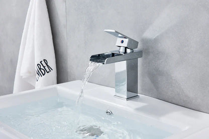 Modern chrome waterfall bathroom faucet single hole with sleek spout design for elegant water flow