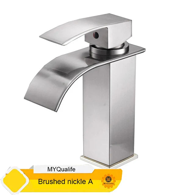 Modern brushed nickel waterfall bathroom faucet with single hole installation and sleek rectangular base design
