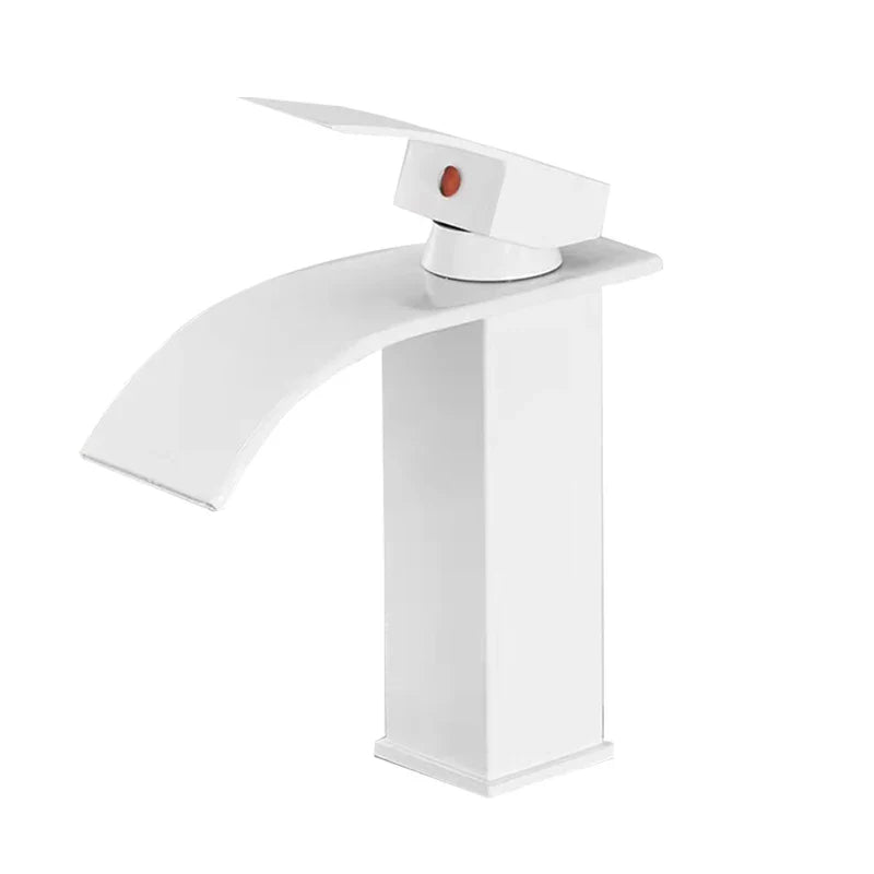 White modern waterfall bathroom faucet single hole with a sleek curved spout and rectangular handle with orange accent