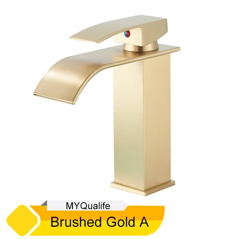 Brushed gold waterfall bathroom faucet with sleek modern design and rectangular base for single hole installation